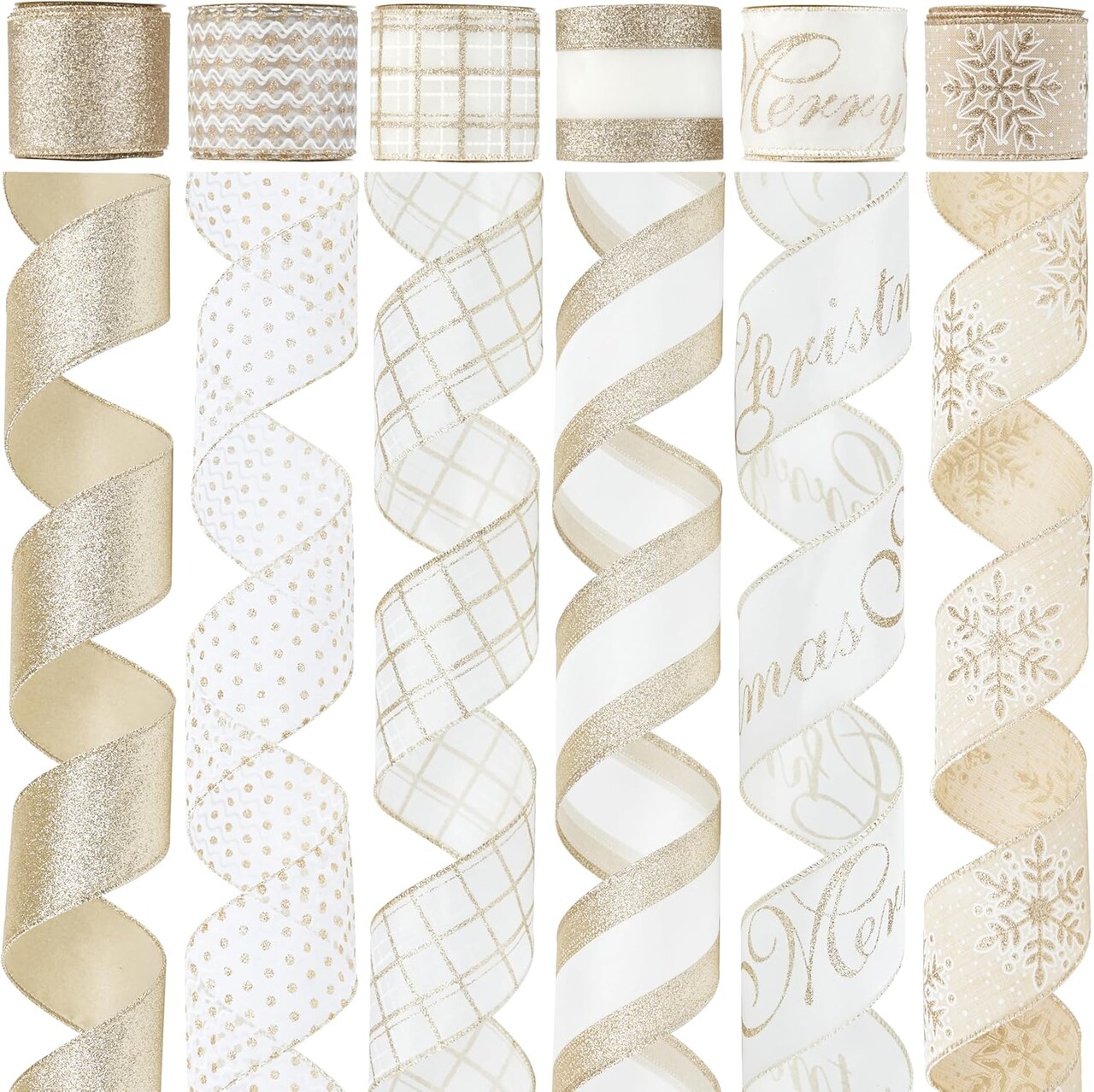 Christmas Ribbon Wired 2.5 Inch, 6 Rolls 36 Yards Glitter Champagne Gold Christmas Tree Ribbon Garland Ivory and Gold Wired Ribbon for Wreaths, Bows, Ribbon for Christmas Decor